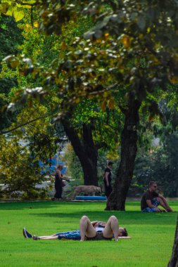 Budapeşte, Macaristan, Eylül, 13, 2019-Insanlar güneşli bir gün V rosliget Park ina faaliyetleri yapıyor: okuma, yürüyüş, rahatlatıcı, güneşlenmek