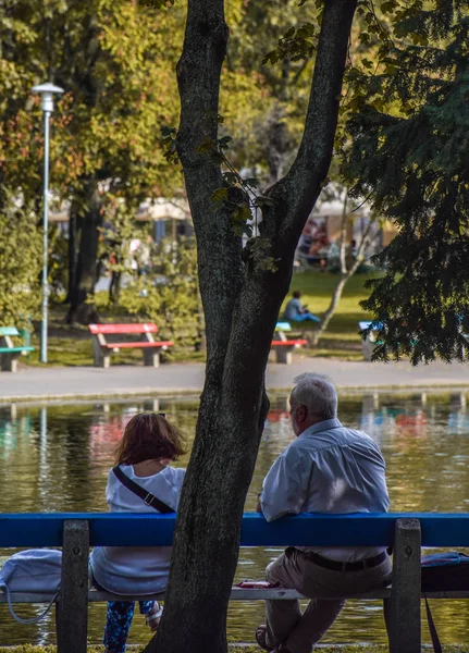 Budapeşte, Macaristan, Eylül, 13, 2019-yaşlı çift varolisget parkta bir göl önünde gün zevk