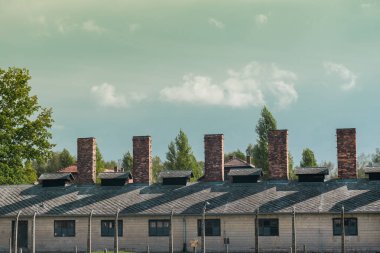 Chimneys of the buildings where the bodies of the dead Jews were burned in the concentration fields of Auschwitz and birkenau in Poland clipart