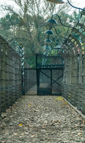 Elektrozaun mit Stacheldraht am Nazi-Konzentrationslager Auschwitz in Oswiecim, Polen, UNESCO-Weltkulturerbe — Stockfoto