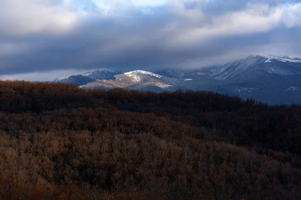 Panorama Montañas Nevadas Sobre Fondo Bosque Otoñal Picos Nieve Iluminados — Foto de Stock