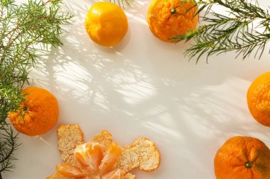 Mandalina ve Noel ağaçlarının Noel kompozisyonu. Parlak tatil kartı. Mandalinaların ve Noel ağacı dallarının en üst görüntüsü. Yeni yılın tasarımı. Güneşin güzel gölgeleri beyaz bir masada.