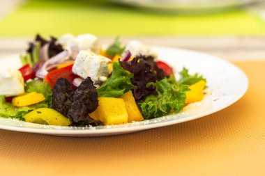 Yazlık kafede beyaz tabakta Yunan salatası. Vejetaryen yemeği. Zeytin, mor soğan ve peynir. Bir kafede hafif atıştırmalıklar. Yaz menüsü. Doğal ışık.