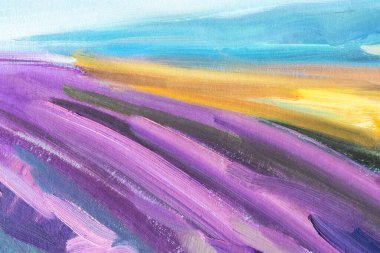 Yağlı boyalı, çok renkli bir arka plan. Tabela ve afişler için el yapımı arka plan. Mor, mavi ve sarı renklerin resimsel bir parçası. Yağlı boyaları tuvalde karıştırıyorum..