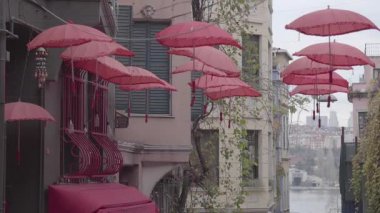 Kiraz çiçeği pembe şemsiyeler asmak Street üzerinde