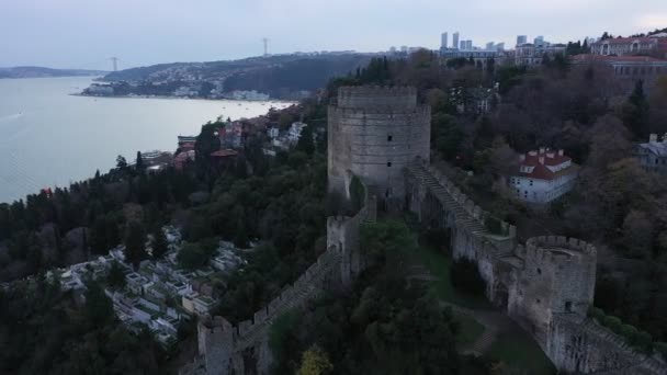 Istambul Bósforo Velha Fortaleza Rumeli Vista Aérea — Vídeo de Stock