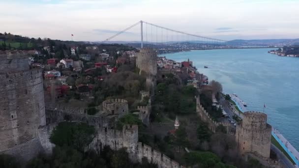 Estambul Bósforo Antigua Fortaleza Rumeli Vista Aérea Del Puente — Vídeo de stock