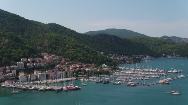 Mountains Sea Boats Marina Aerial View — Stock Video