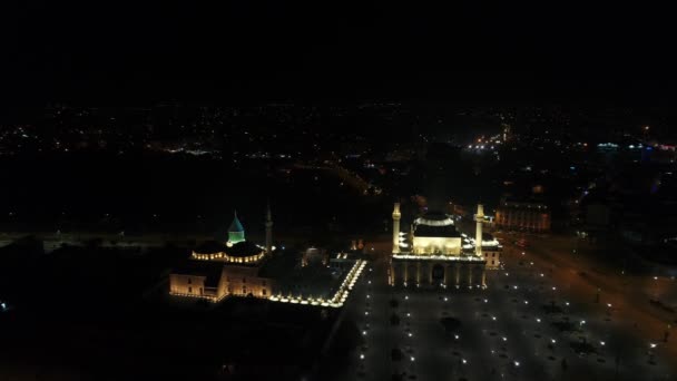 Complejo Mezquitas Konya Mevlana Vista Aérea Nocturna — Vídeo de stock