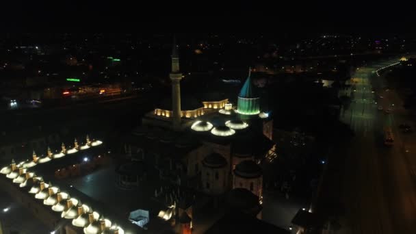 Konya Mevlana Camii Karmaşık Gece Hava Görünümünü — Stok video