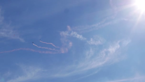 Aviation Festival Stunt Parachutes Airport Tower — Stock Video