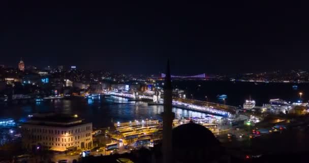 Hiperlapso Aéreo Estambul Galata Bósforo Noche — Vídeo de stock