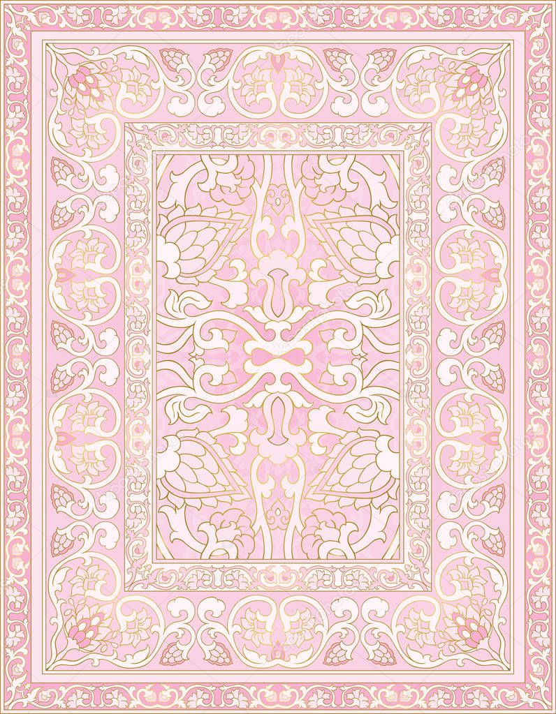 Pink ornamental carpet. Oriental floral pattern with frame.