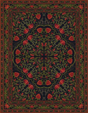 Renkli şablonu için halı, tekstil. Oryantal soyut süsleme. Yeşil ve kırmızı model çerçeveli.