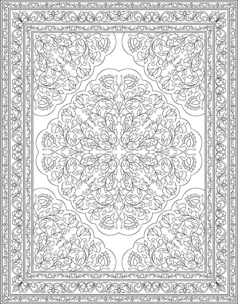 Tappeto Floreale Orientale Ornamento Filigrana Modello Bianco Nero Tessile Scialle — Vettoriale Stock