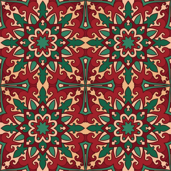 カラフルな抽象的なパターン ベクトルの赤と緑の背景 東洋民族飾り カーペット ショールのテンプレート — ストックベクタ