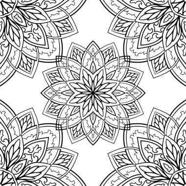 Sorunsuz vektör arka plan. Mandalalar desenle. Oriental siyah beyaz süsleme. Şablon için halı, tekstil.
