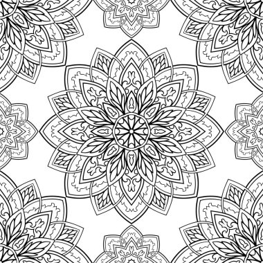 Sorunsuz vektör arka plan. Mandalalar desenle. Oriental siyah beyaz süsleme. Şablon için halı, tekstil.