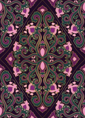 Doğulu çiçek süsü. Halı, tekstil ve herhangi bir yüzey için şablon. Koyu bir arkaplanda pürüzsüz renkli desen.