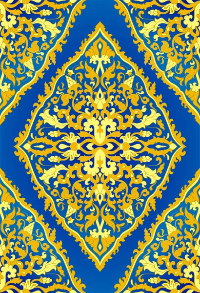 Patrón Floral Azul Amarillo Ornamento Filigrana Oriental Plantilla Colorida Para — Vector de stock