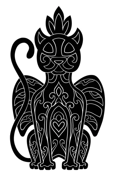Vector Black Cat Abstract Elements Isolated White Background Oriental Ethnic — Stock Vector
