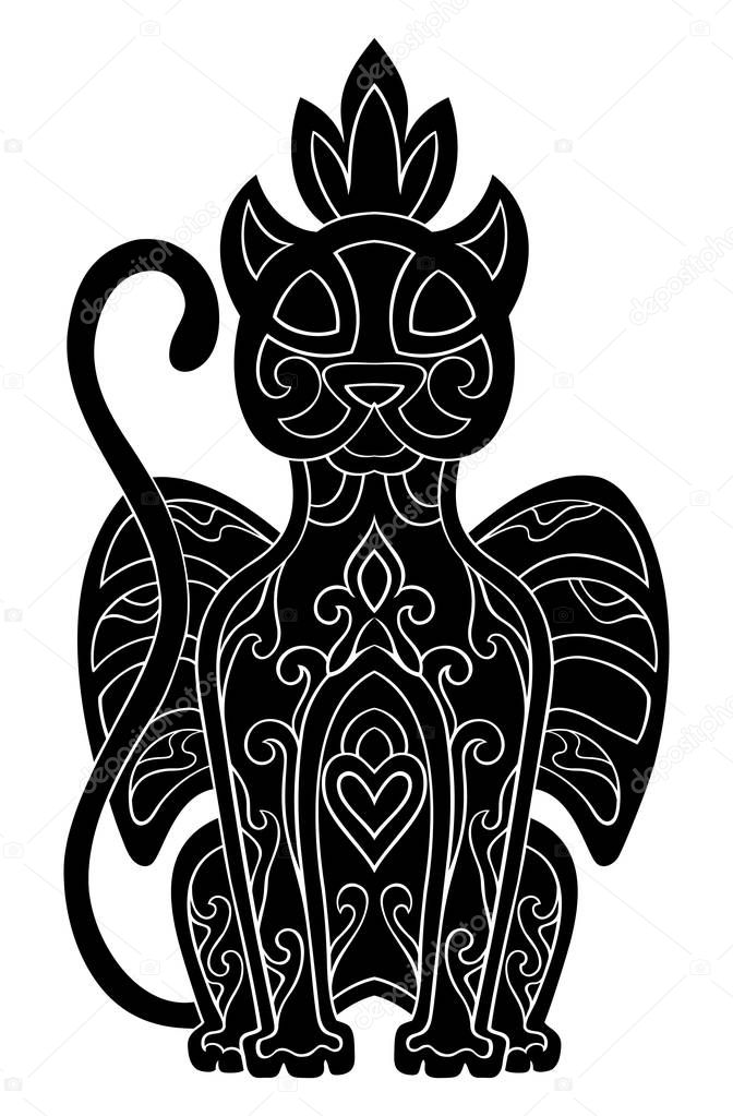 Vector black cat with abstract elements isolated on white background. Oriental ethnic ornament. Template for any surfaces. Design element.