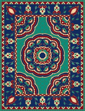 Renkli halı için mandalalar şablonuyla Tekstil. Çerçeve ile oryantal çiçek desenli.