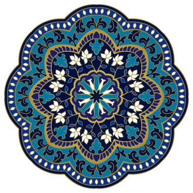 Soyut öğeler, beyaz arka plan üzerinde izole ile vektör süslü mandala. Oryantal mavi süsleme. Halı renkli şablonu. Tasarım öğesi.