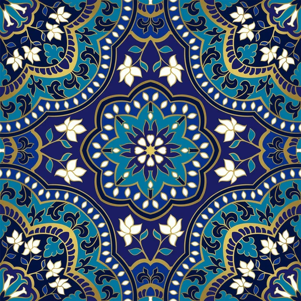 Patrón Floral Con Mandala Adorno Filigrana Sin Costuras Plantilla Azul — Vector de stock