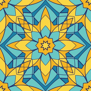Kesintisiz mavi ve sarı desen. Oryantal renkli süs. Halı, şal, karo, duvar kağıdı, tekstil, mozaik için şablon.