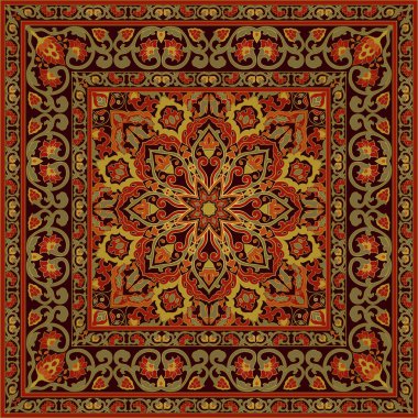 Halı, tekstil, yastık, şal şablonu. Çerçeveli doğulu çiçek süsü. Süslü çiçekli desen.