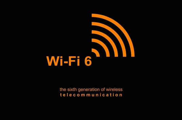 Illustration, poster, logo WiFi 6 WLAN High Efficiency Wireless. Speed of the massive connectivity of the device, new protocols in development. Telecommunications New Generation Network Connectivity.
