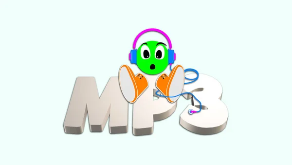 Illustration, MP3, very popular lossy compression audio coding format, MPEG Layer III audio. Sound file format. Digital technology. Headset graphic. Emoticon with surprise facial expression. Colorful.