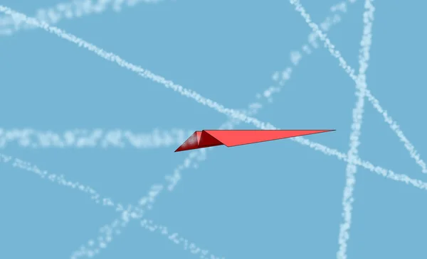 Contrails in the Sky. Chemtrail conspiracy theory. Trails between the clouds. Reddish paper airplane. Cheerful design, illustration. Furrows in the air.