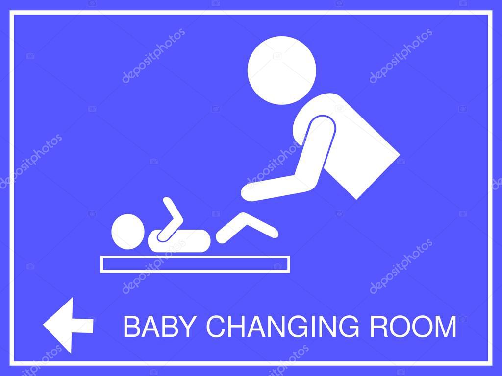 Sign of baby changing room, facilities. Signal without discrimination by sex. Access to the dependencies to men and women indistinctly. Illustration on blue background. Direction indication arrow.