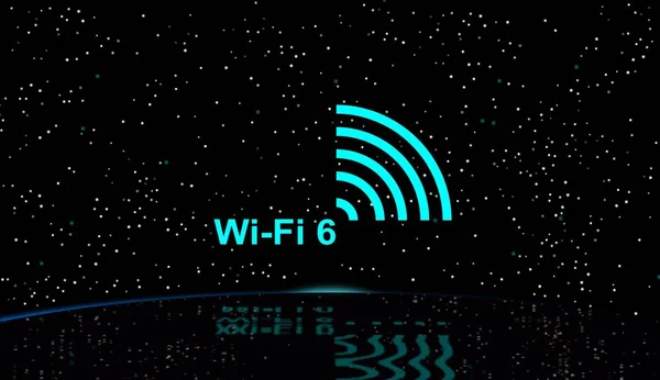 İllüstrasyon, poster Wifi 6 Wlan Yüksek Verimlilik Kablosuz firmament, ve su üzerinde yansımaları. Telekomünikasyon Yeni Nesil Ağ Bağlantısı.