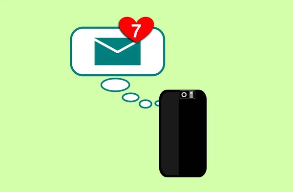 Illustration of receiving messages with the heart on the smartphone. Messaging technology. Love. Notification of 7 new files. Dialog balloons.