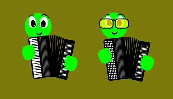 Ілюстрація Графіка Двох Зелених Ляльок Грають Музику Акордеоном Піаніно Кнопками — стокове фото