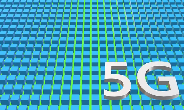 3D. Illustration poster 5G. Speed of the massive connectivity of the device and new protocols in development. Text in 3D. Metallic color on abstract background of cubes in blue perspective.