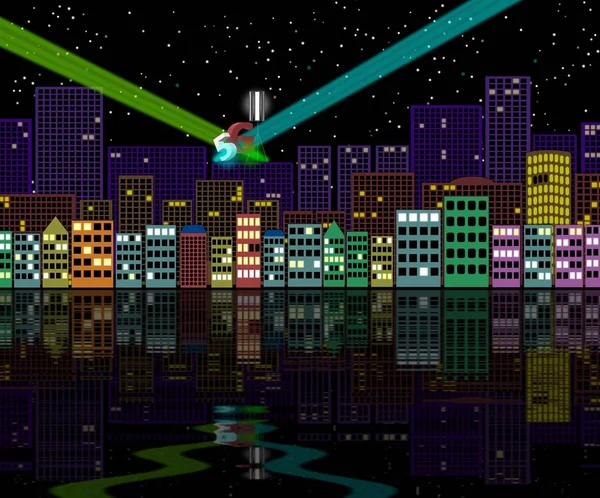 Illustration, city skyline and reflections in the water. Night, sky and stars. Laser beams, rays. 5G cellular mobile telecommunication. Signboard, urban advertising on the roof of the building. Vanguard.