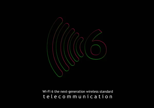 Illustration, logo, WiFi 6 poster, WLAN High Efficiency Wireless. Speed of the massive connectivity of the device, new protocols in development. Telecommunications New Generation Network Connectivity.