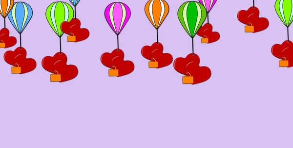 一群心永远团结在热气球上的挂锁上 浅色背景上的插图 空气中的感觉 五颜六色的飞行 团结在一起 浪漫的概念 复制空间 — 图库照片