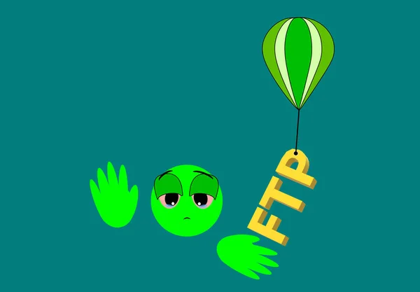 Network. File Transfer Protocol. The FTP is flying in a hot air balloon. Illustration on green background. Colorful flight. Cartoon figure looking sad. Face with expression of longing. Farewell, bye.