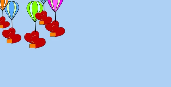一群心永远团结在热气球上的挂锁上 浅色背景上的插图 空气中的感觉 五颜六色的飞行 团结在一起 浪漫的概念 复制空间 — 图库照片