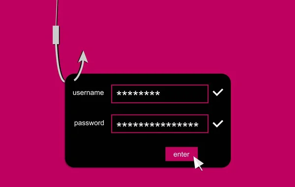 Иллюстрация Бордовом Фоне Темой Взлома Войти Фишинг Атака Рыбный Крючок — стоковое фото