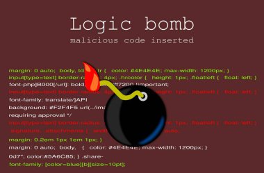 Illustration, poster of a Logic Bomb, a code inserted into a software system, also known as a Time Bombs. Inherently malicious. Dark background with simulated programming text. Hacking attack. clipart