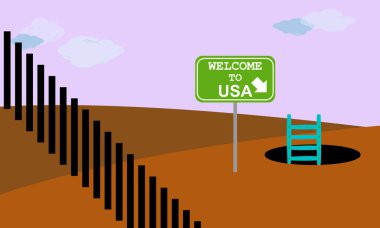 Yasadışı göç, sınır. Bariyerdeki ironi. Birleşik Devletler 'e hoş geldiniz, ABD' ye giriş izni veren poster. Gizli bir giriş. Duvardan kaçmak için tünel. Belge olmadan alternatif erişim.