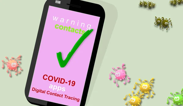 Follower, tracking COVID-19 apps. Mobile software applications. Digital contact tracing in response to the Coronavirus. Identifying, search for possibly infected individuals. 3d drawing representation of the virus.