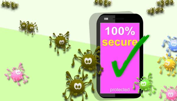 Security in the mobile phone. 100% protection and secure check mark on the screen. Technological device. Covid-19. Coronavirus outbreak. Simulated virus graphic