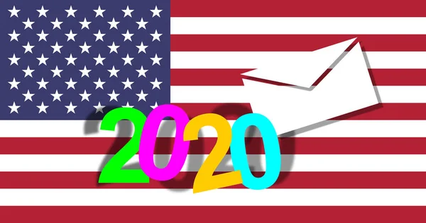 Online vote in the USA. Remote voting  in the United States presidential election. Numbers with fun colors. 2020 over the American Stars and Stripes flag.